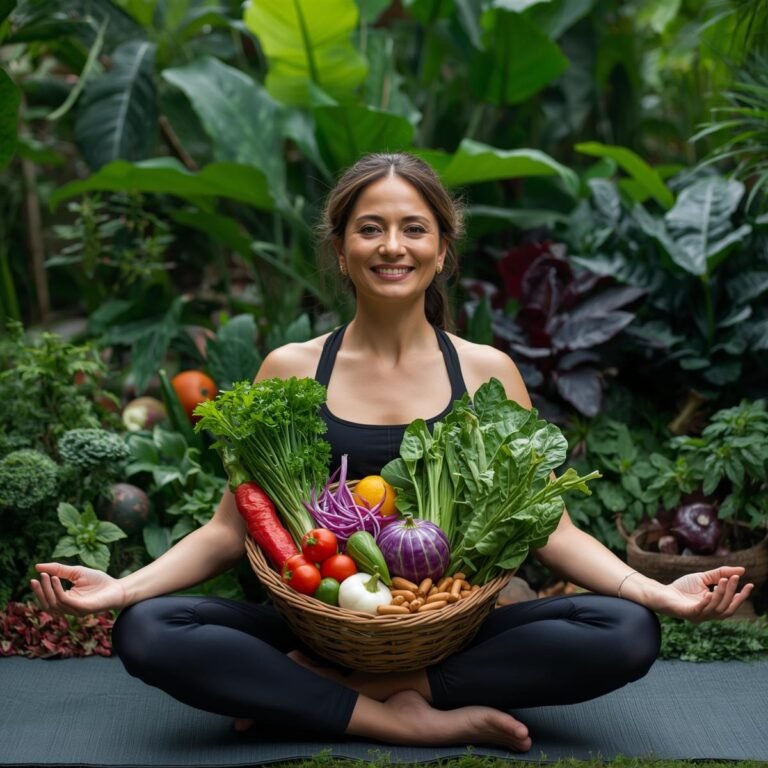 A smiling woman sitting cross-legged in a lush garden, holding a basket of fresh vegetables