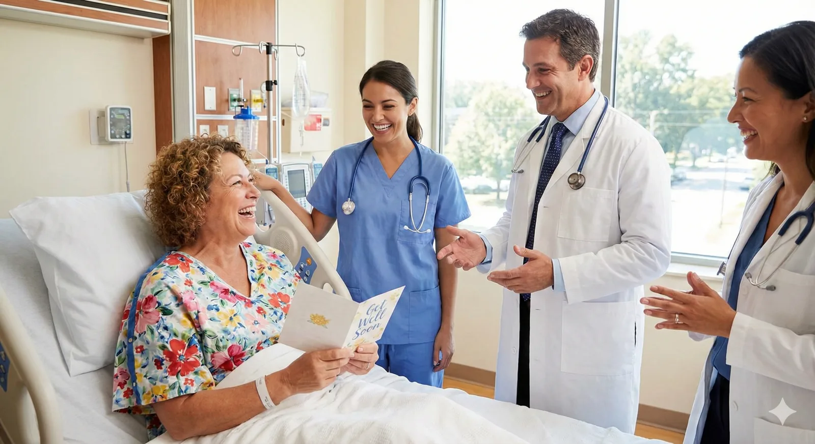 A hospital patient laughing with a nurse and two doctors as she holds a get-well card