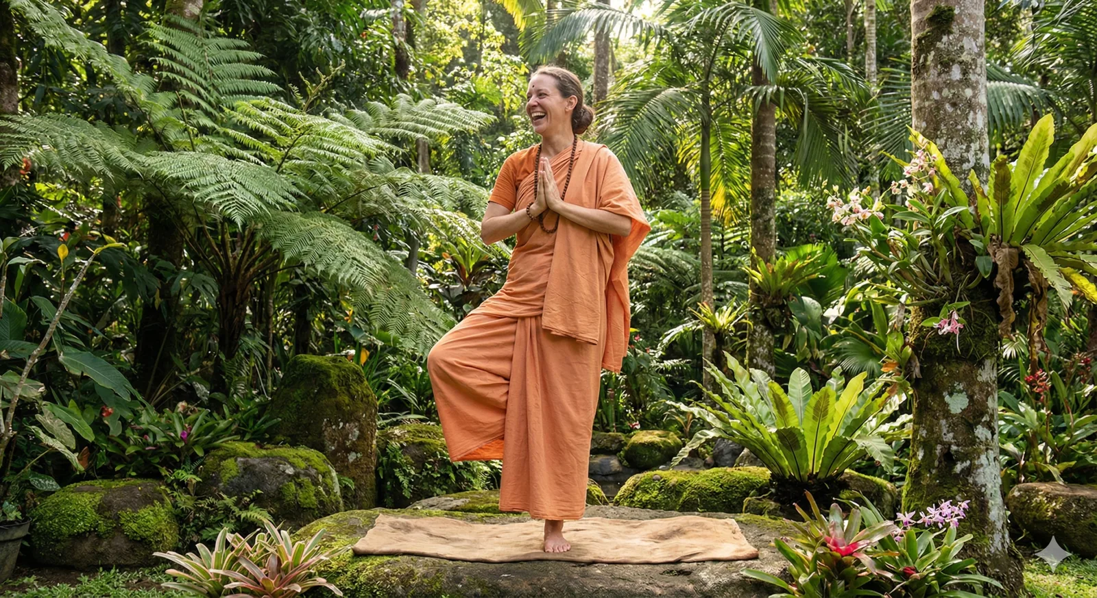 A laughing woman in orange robes standing with her hands pressed together on a mossy rock in a tropical forest