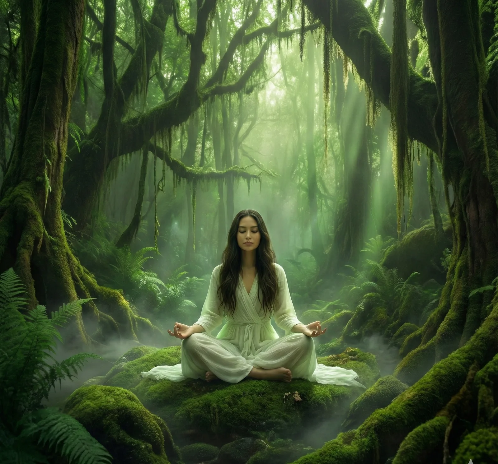 A woman meditating on a mossy rock in a misty green forest