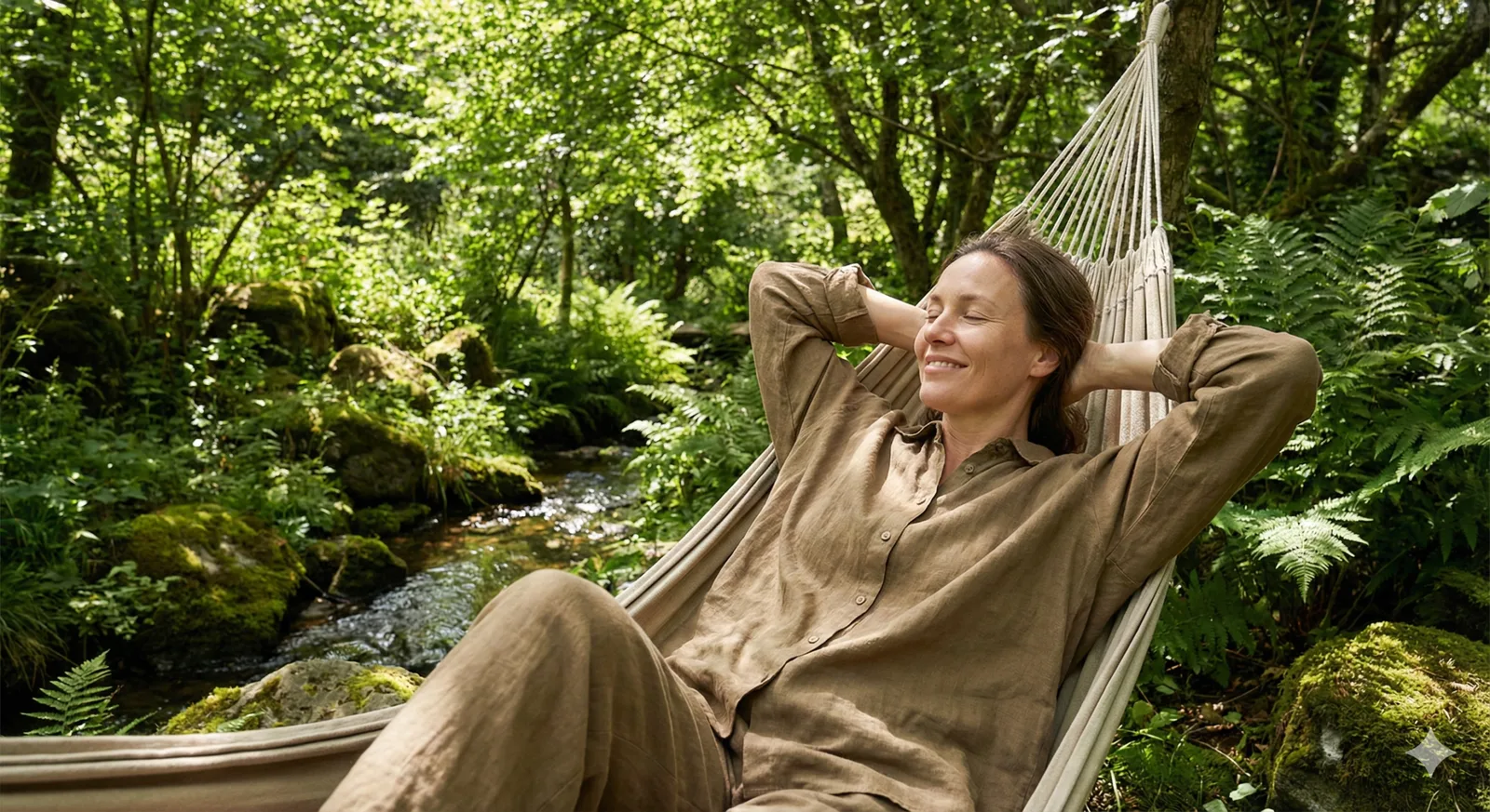 A woman resting in a hammock beside a forest stream, smiling with her eyes closed