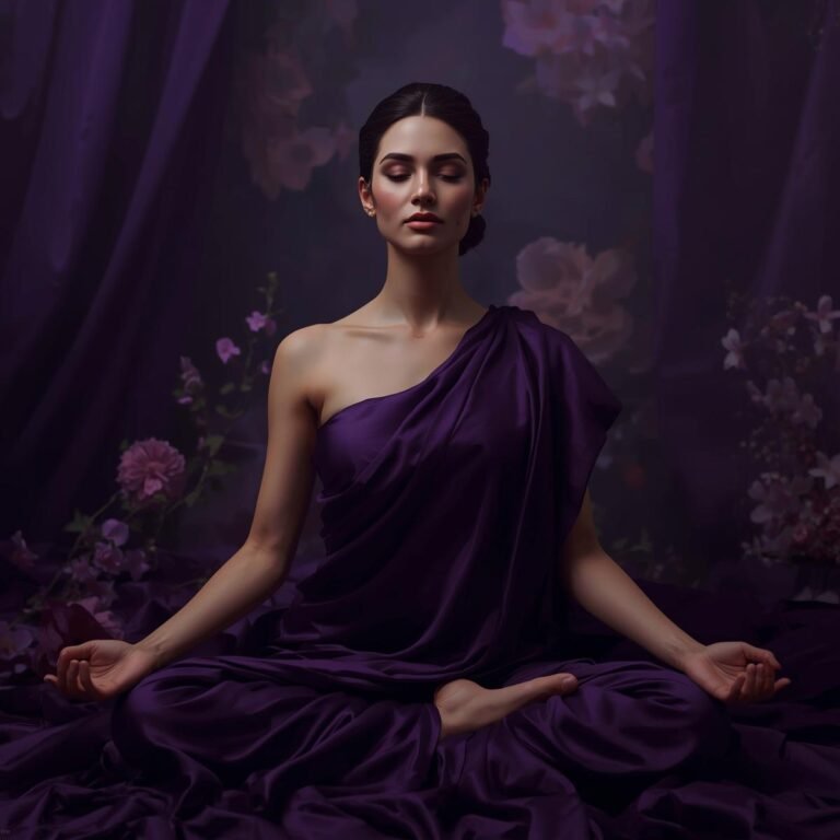 A woman in deep purple robes meditating, eyes closed, among flowers
