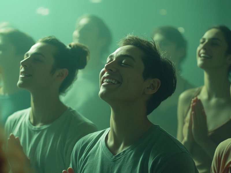 A group of people smiling with their eyes closed, in a gentle green light