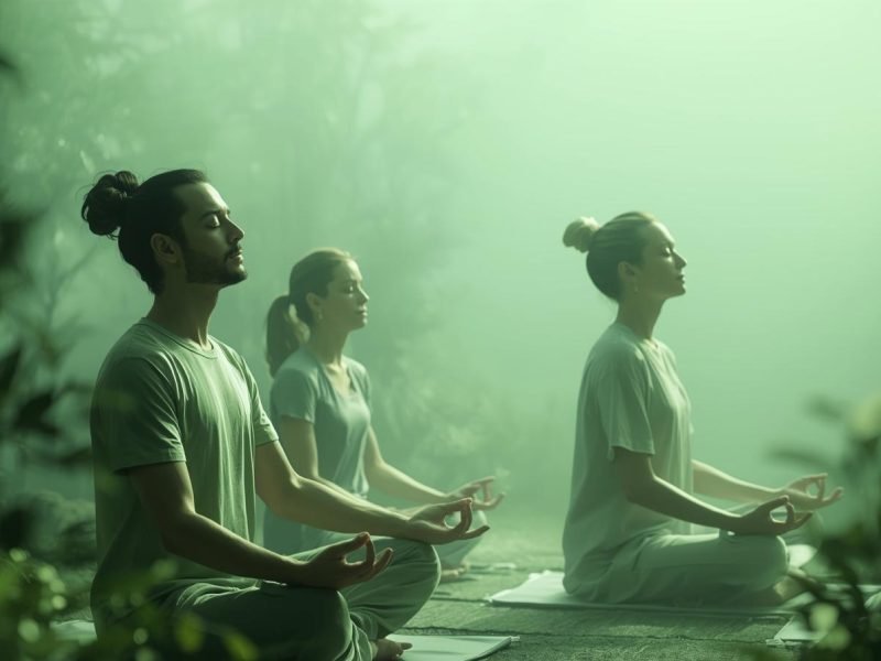 Three people sitting in meditation with eyes closed, in a soft green mist
