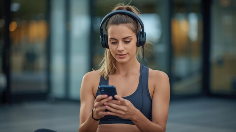 A woman in a sports top wearing headphones, looking down at her phone