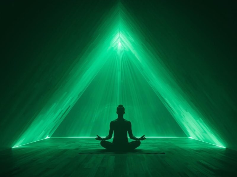 A meditator in silhouette sitting beneath a glowing green pyramid