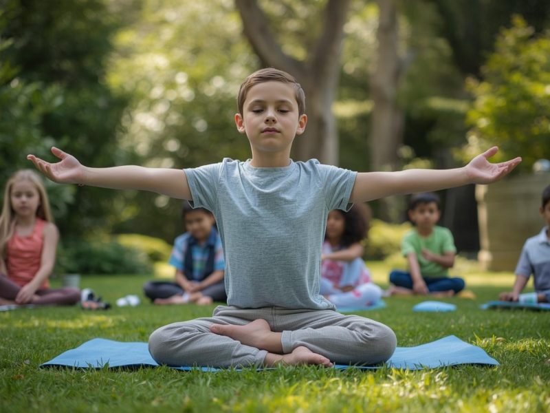 A child sitting cross-legged on a mat in a park with arms stretched wide, other children seated behind