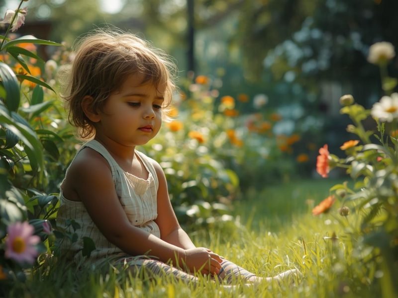A small child sitting quietly among garden flowers