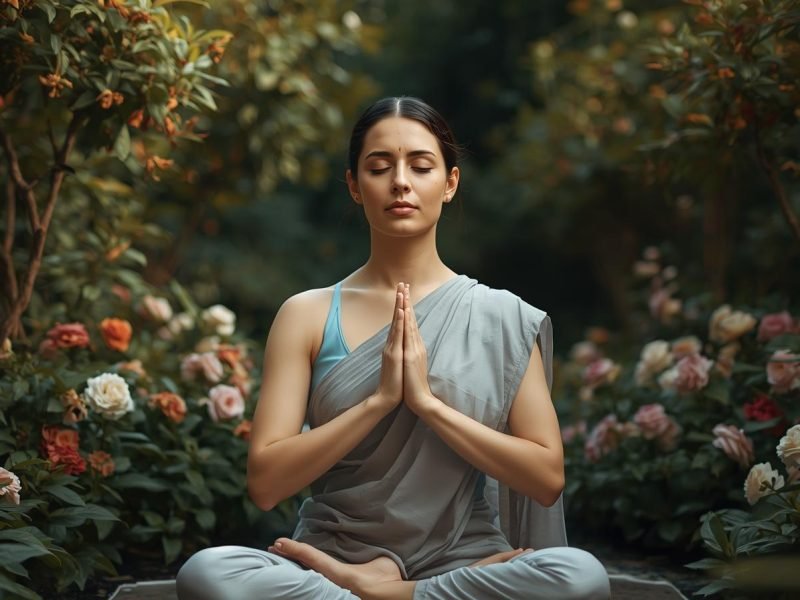 A woman sitting in a garden with eyes closed and palms pressed together