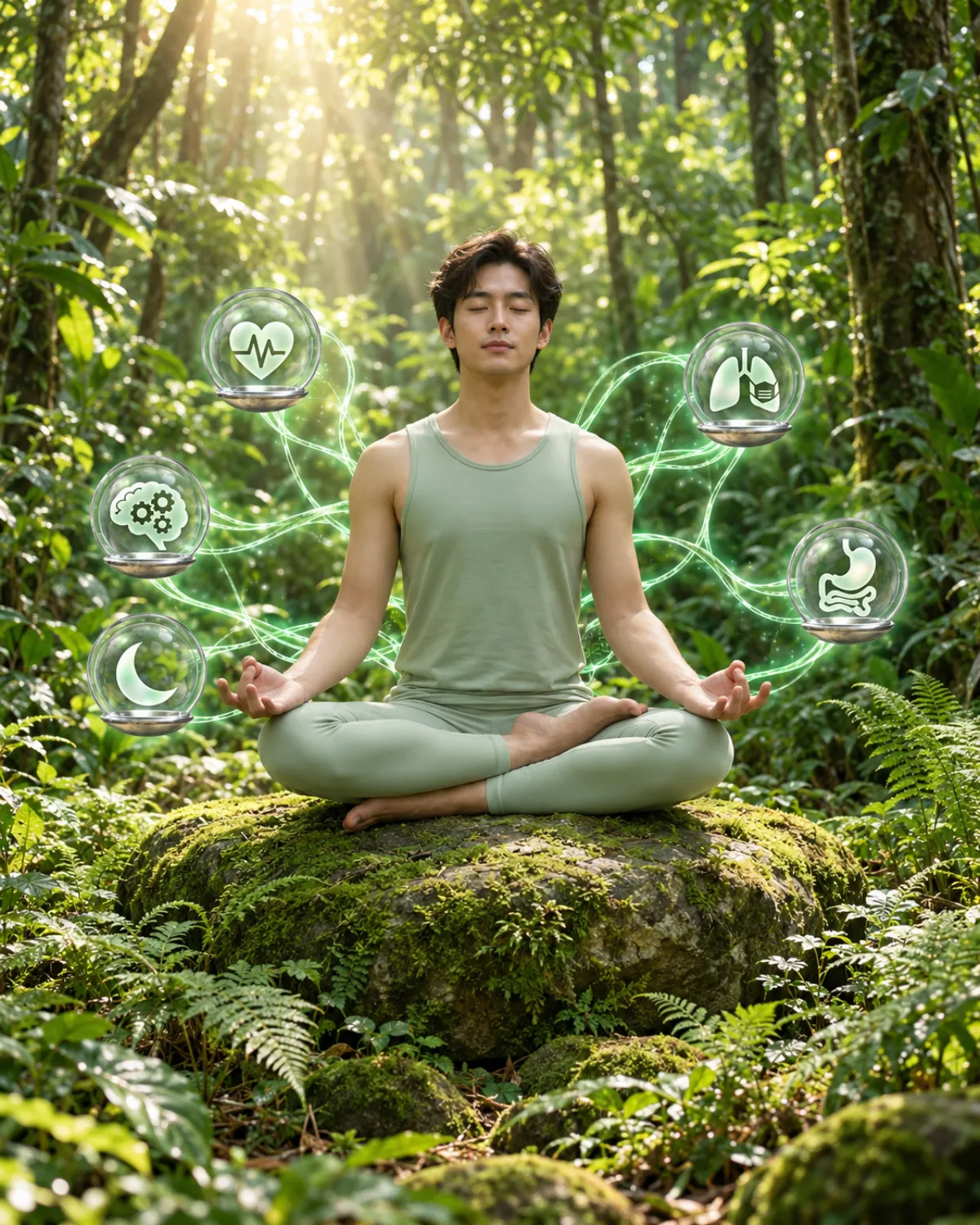 A man meditating cross-legged on a mossy rock in a sunlit forest, eyes closed, surrounded by glowing icons for the heart, brain, sleep, lungs and digestion